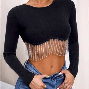 Rhinestone tassels black long sleeve crop-top.